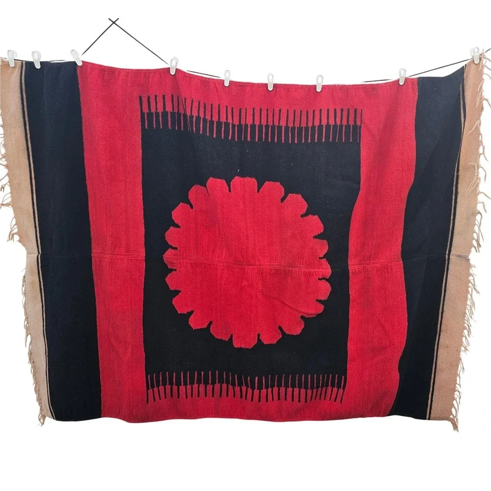 Vintage Handwoven Wool Textile Red Black Sunburst Southwestern Rug 72x56